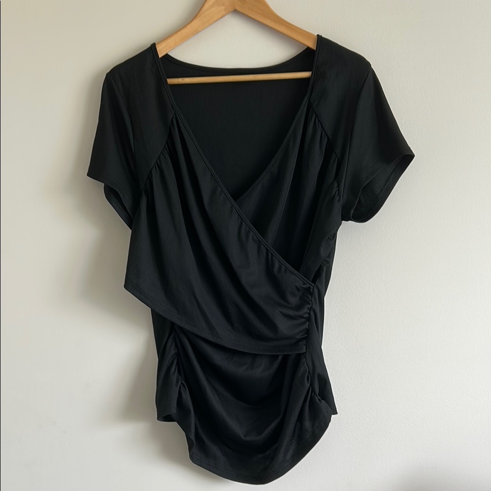 SHEIN Curve Black Ribbed WrapShort Sleeve Top